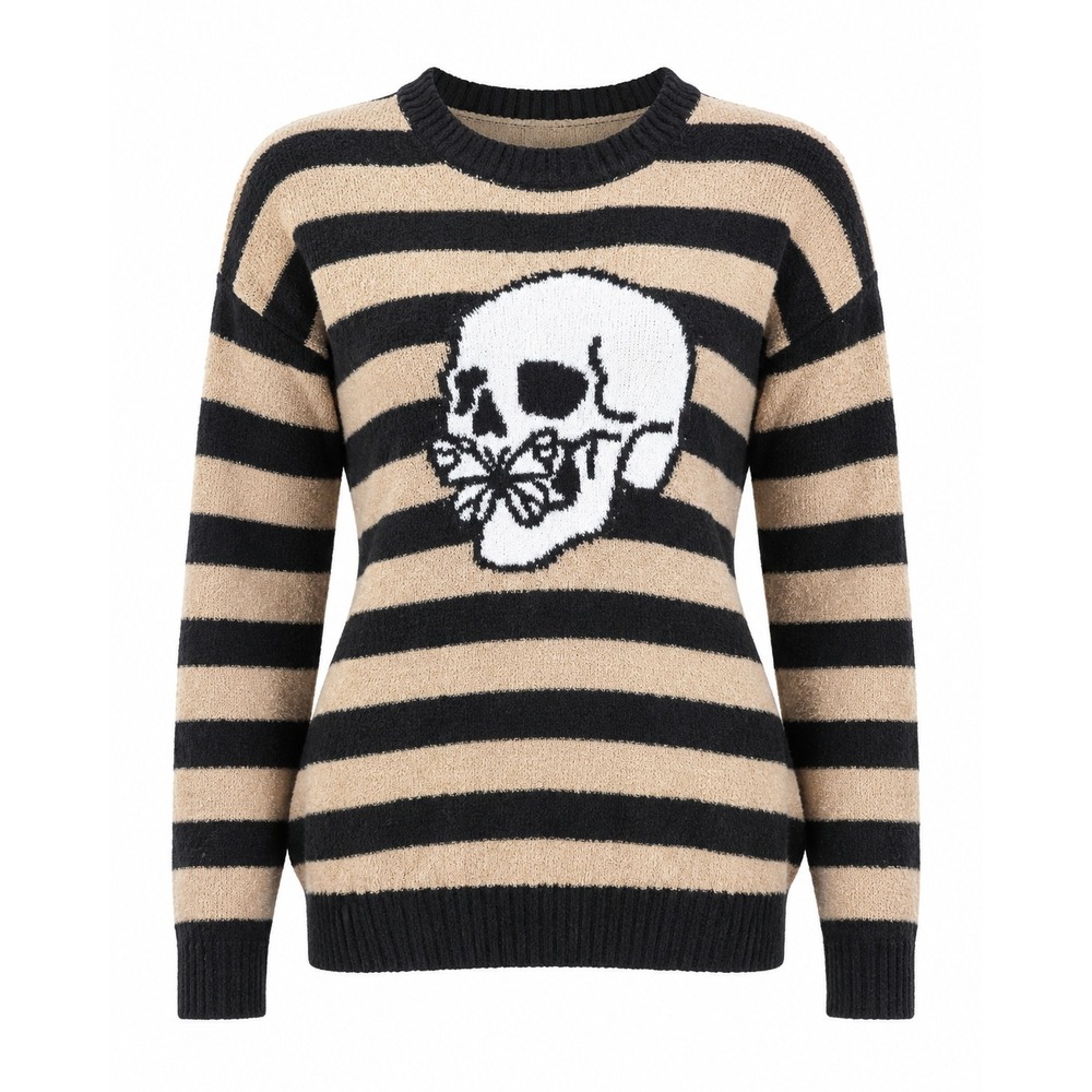 Grunge Tan Black Striped Skull Butterfly Stitch & Pine Sweater Women Small Goth